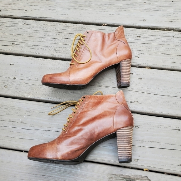 Vintage 90s y2k Brown Leather Lace Up Chunky Heel Victorian Granny Ankle Boot 10 - Picture 3 of 9